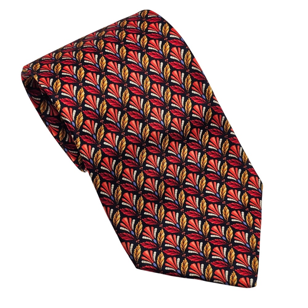Leonard Studio Silk Tie Italy Red Gold Blue Floral Geometric Wide Vintage Bold